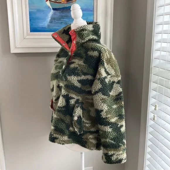 Jcrew Vintage Camo Sherpa Snap Pullover Button Fleece Jacket xs - Picture 6 of 13